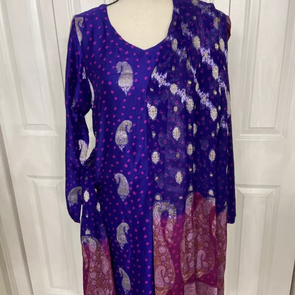 Pakistani Indian Three Piece Formal Suit Fabric Is Chunri Silk Color Royal Blue.